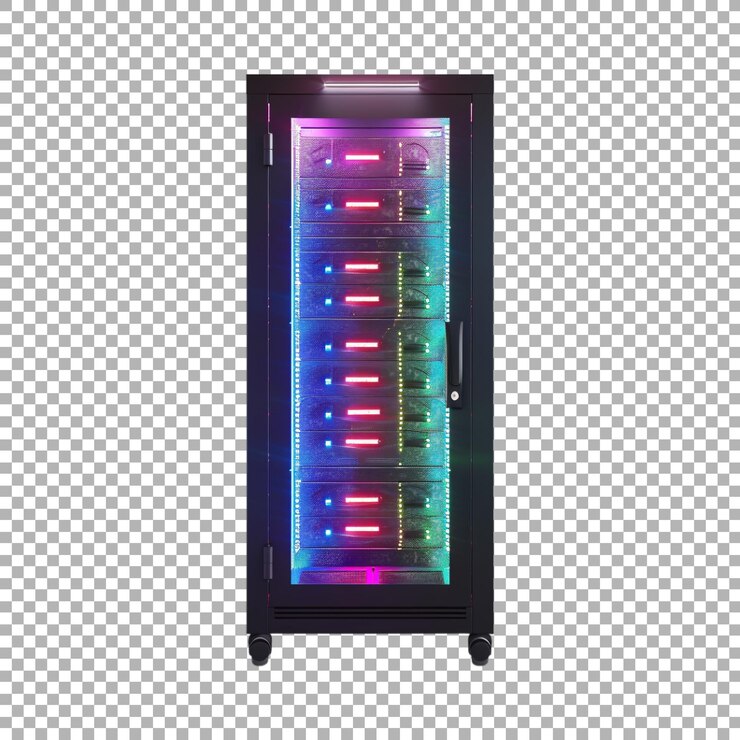 PSD rack de servidores en centros de datos en luz de neón en un fondo transparente generado por ai