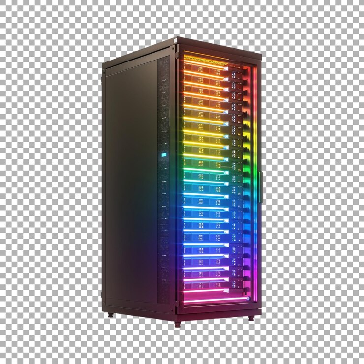PSD rack de servidores en centros de datos en luz de neón en un fondo transparente generado por ai