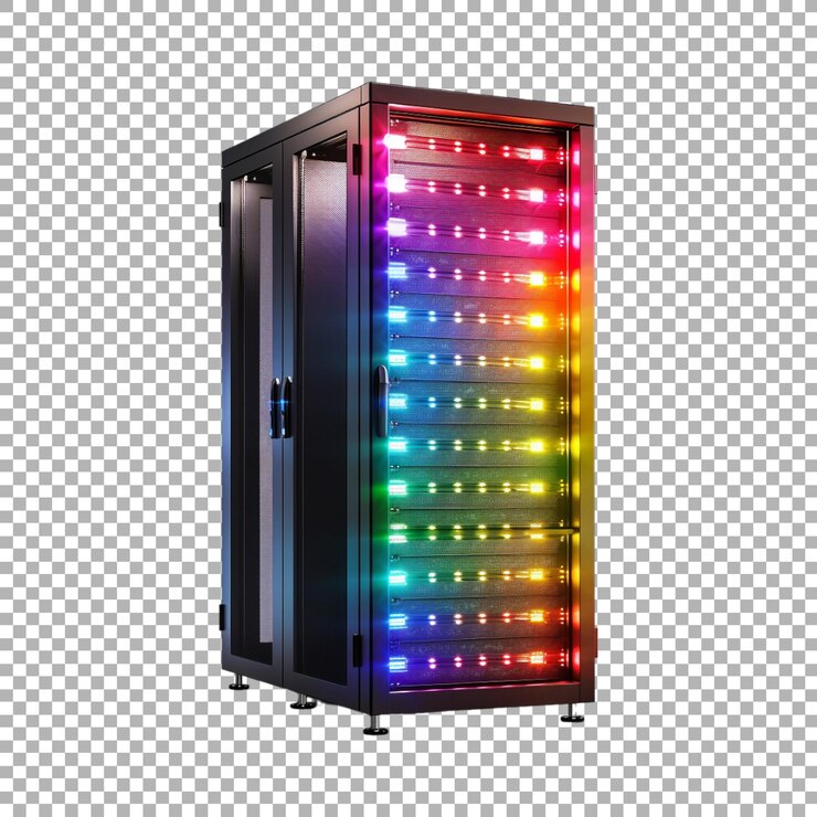 PSD rack de servidores en centros de datos en luz de neón en un fondo transparente generado por ai