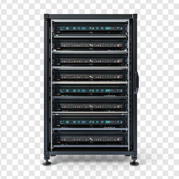 Rack de servidores con múltiples servidores montados aislados en un fondo transparente