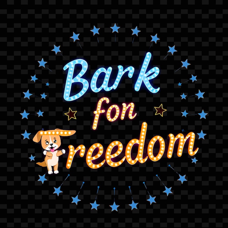 PSD radiant bark for freedom texto brillante con azul neón y azul eléctrico adornado con una linda mascota de perro
