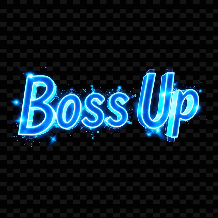 PSD radiant boss up shimmers de texto con efectos de gradiente azul eléctrico de neón y holográfico de agua lo