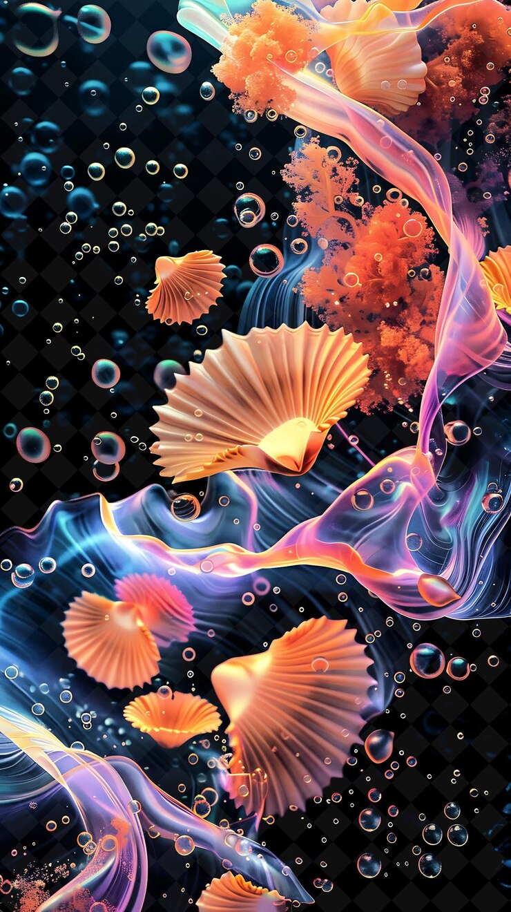 PSD radiant coral bellini com fatias de pêssego flutuantes coral reef neon color comida bebida colecção y2k
