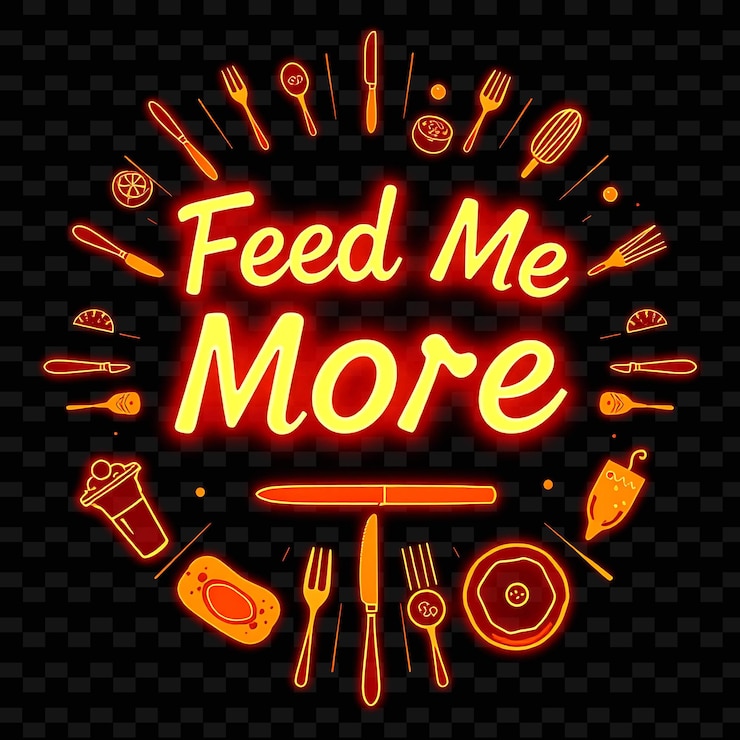 PSD radiant feed me more beams de texto com neon laranja e vermelho adornado com neon desenho de tipografia deliciosa