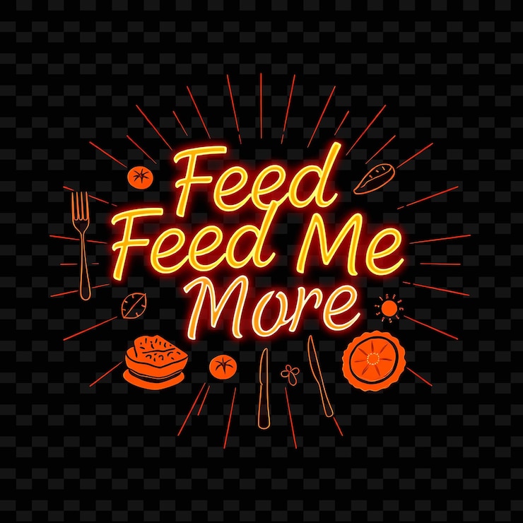 PSD radiant feed me more beams de texto con neón naranja y rojo adornado con neón diseño tipográfico delicioso
