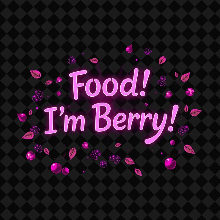 PSD radiant food im berry beams de texto en púrpura y rosa profundo con decoración de alimentos de neón inspirada en pnglu