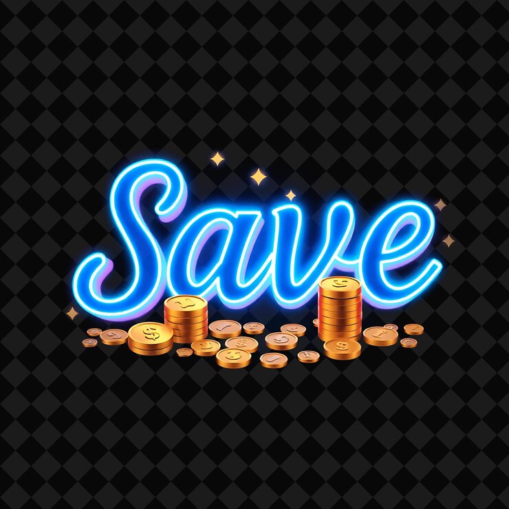 PSD radiant save text shimmers in neon vibrant blue and cyan adorned with kawaii coins and piggy banks e