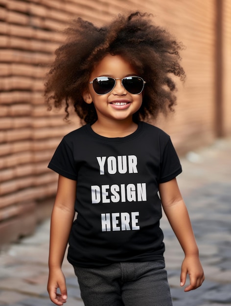 PSD radiant young girl black tee mockup studio shot cheveux naturels psd pour une conception personnalisée