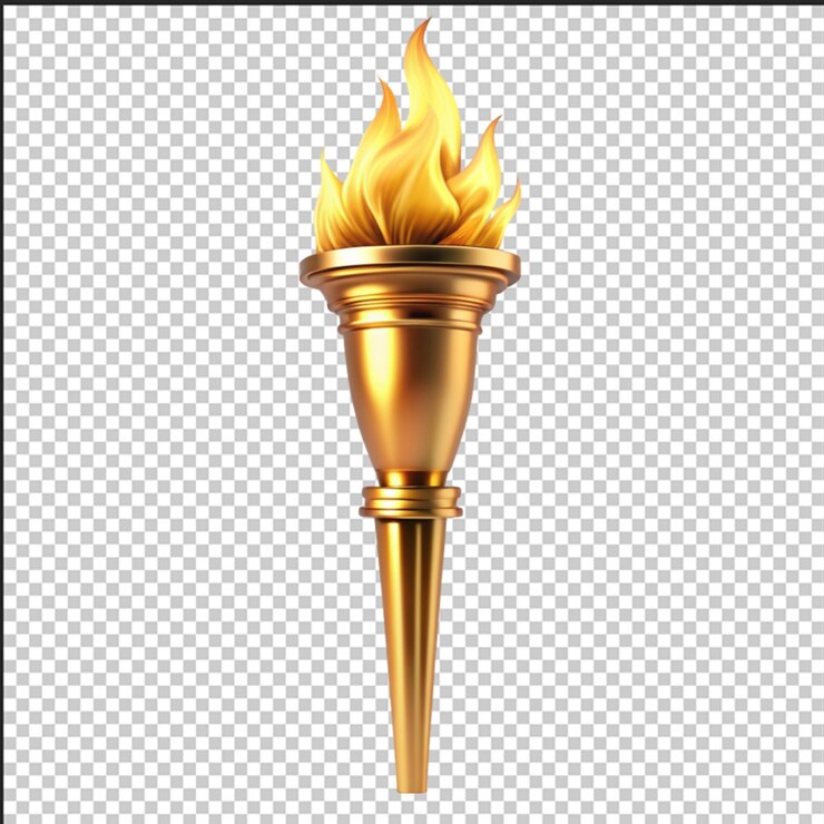PSD radiante antorcha dorada con llamas giratorias y un fondo naranja brillante