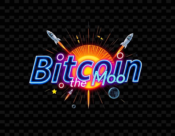 PSD radiante bitcoin a la luna el texto brilla con azul neón y azul eléctrico adornado con cohetes y