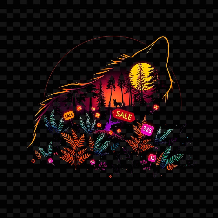 PSD radiante bosque salvaje de neón dentro de una silueta paisaje de lobo tiene helechos brillantes con criaturas de neón un