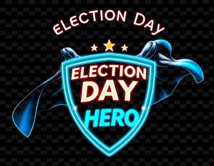 PSD radiante día de las elecciones héroe texto brilla en neon azul y blanco brillante glowing superhéroe escudo y