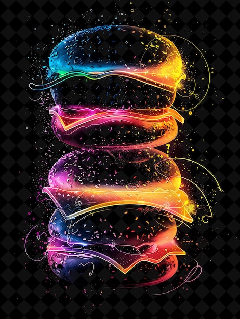 PSD radiante fluorescente hamburguesas panes desmoronándose y desintegrándose color neón comida bebida colección y2k