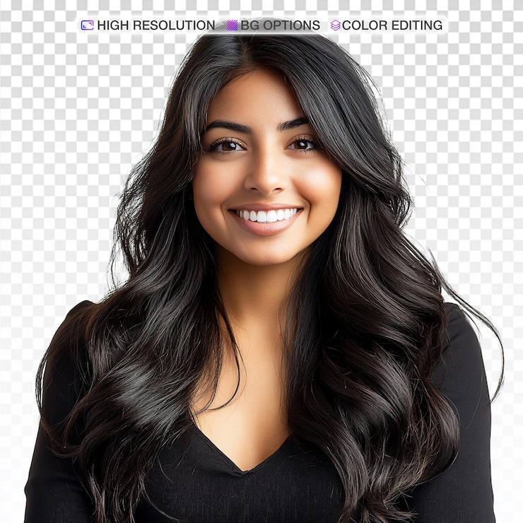 PSD radiante mujer hispana que muestra un hermoso cabello ondulado
