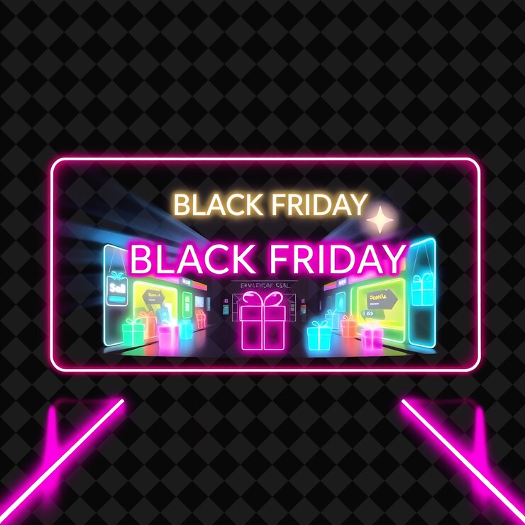 PSD radiante neon black friday mall all'interno di un rettangolo a silhouette con banner di vendita al neon e g luminoso