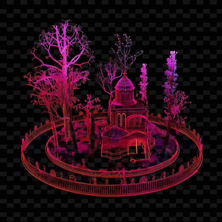 PSD radiante neon neon escultura bosque dentro de una silueta palac png y2k diseños inspirados en cuentos de hadas