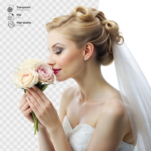 PSD la radiante novia en un elegante vestido sosteniendo un delicado ramo con velo sobre un fondo transparente