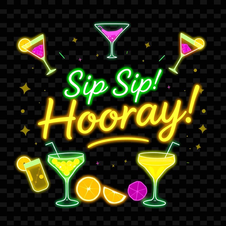 PSD radiante sip sip hooray texto em neon amarelo e verde suave com bebida neon deliciosa tipografia designg