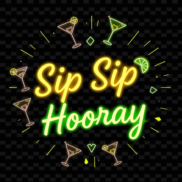 PSD radiante sip sip hooray texto em neon amarelo e verde suave com bebida neon deliciosa tipografia designg