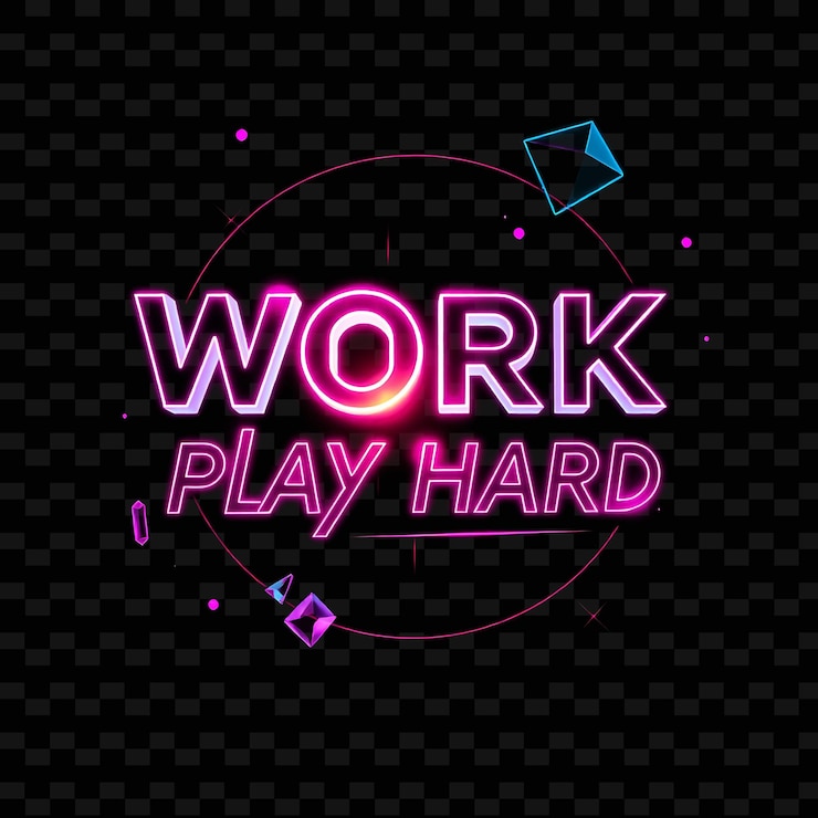 PSD radiante trabajo duro juega duro texto brillantes con neón eléctrico fucsia y rosa caliente retro futurista
