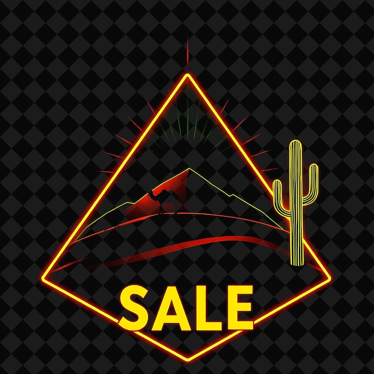 PSD radiantes dunas del desierto de neón en un triángulo de silueta con brillantes camellos de venta y cactus de neón