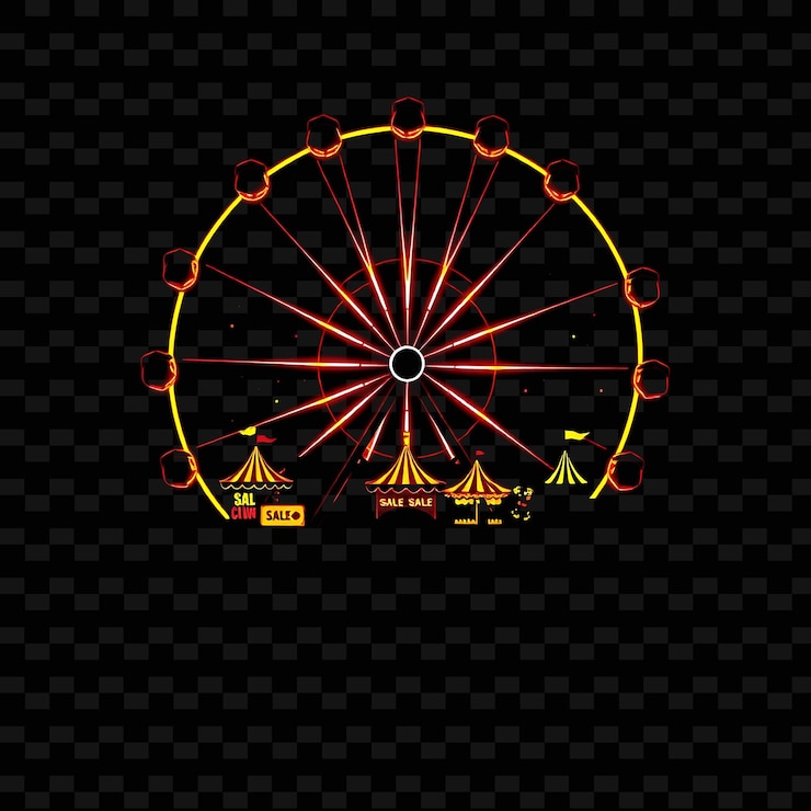 PSD radiating neon carnival inside a silhouette ferris wheel landscape with glowing rides sale tickets