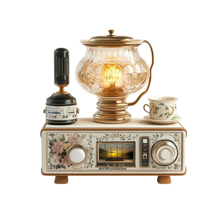 PSD radio antigua con lámpara de tetera y taza de té