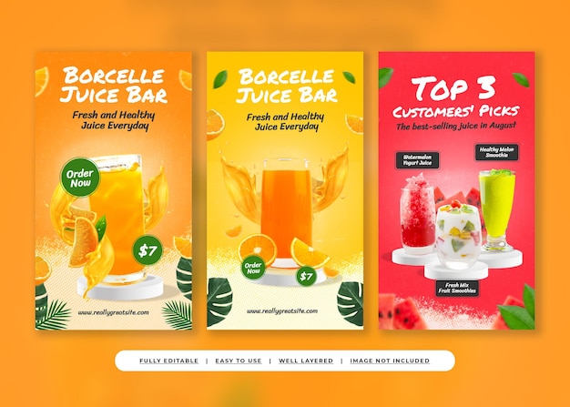 PSD rafraîchissant sensation tropical juice bar histoire instagram