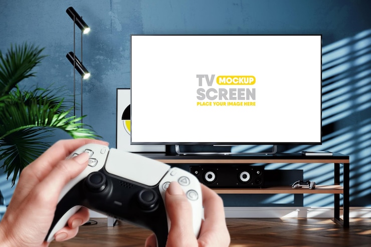 PSD ragazza che gioca a videogiochi su un modello di tv