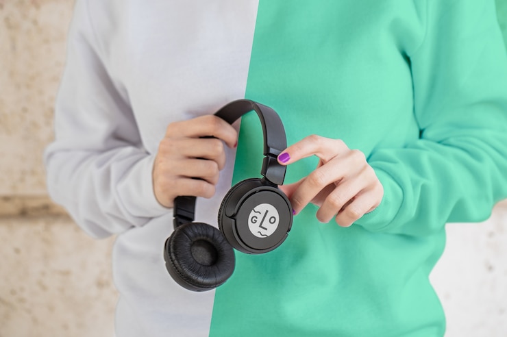 PSD ragazza del primo piano con le cuffie della holding del hoddie