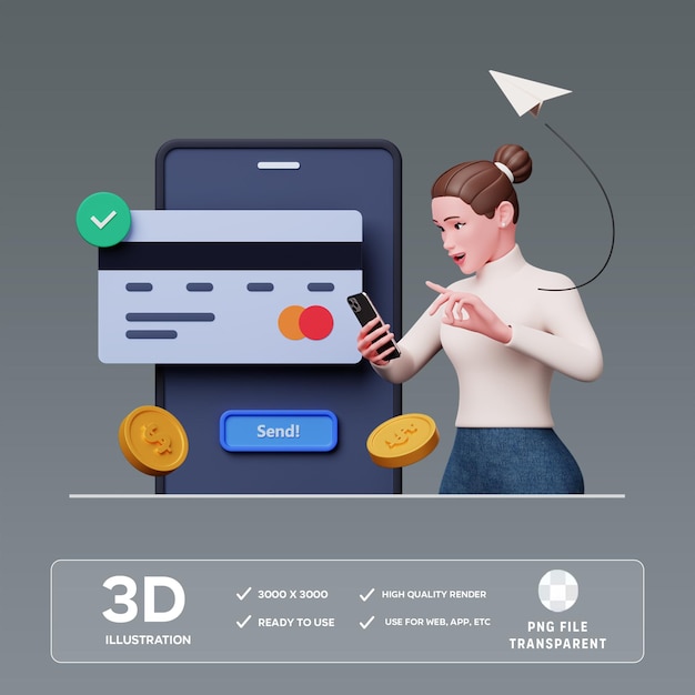 Ragazza PSD che manda soldi Illustrazione 3D