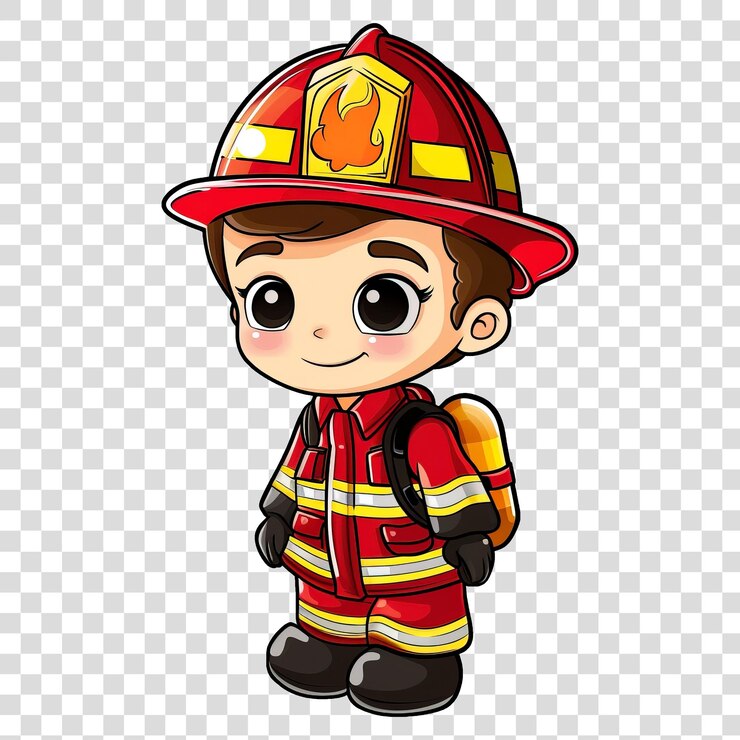 PSD ragazzo carino vestito da pompiere in stile cartone animato isolato su uno sfondo trasparente png