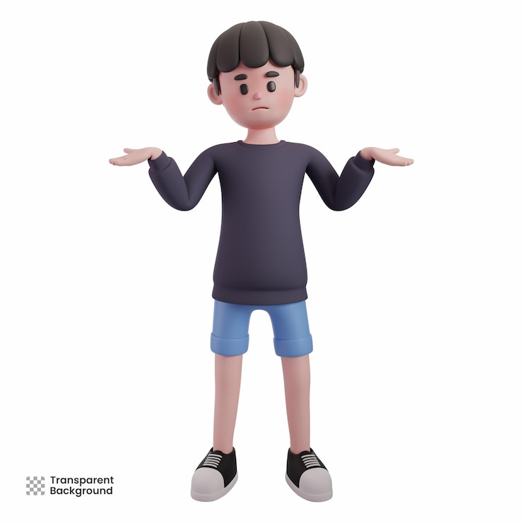 PSD ragazzo che si alza le spalle nell'incertezza personaggio 3d