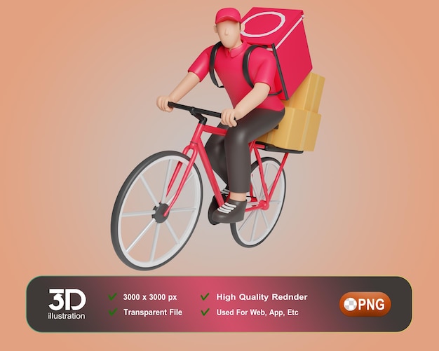 Ragazzo di consegna in uniforme rossa si trova con l'illustrazione 3d della borsa grande Personaggio dei cartoni animati