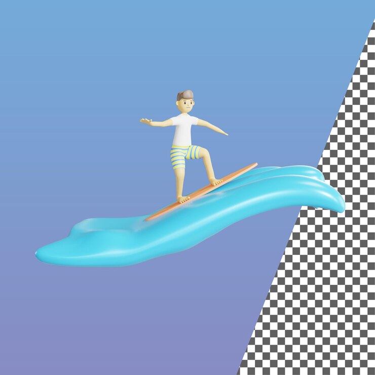 PSD ragazzo surf sulle onde di fusione rendering 3d