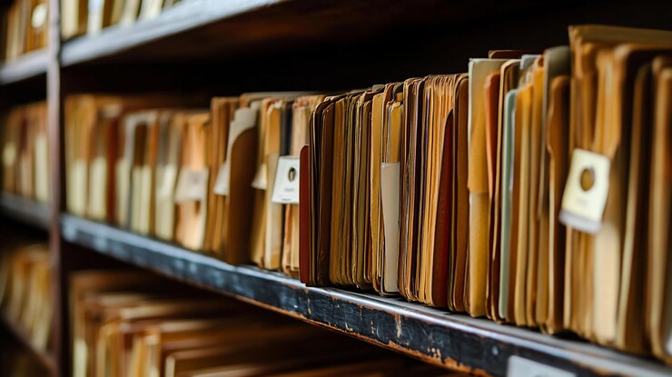 PSD raggi di vecchi file organizzati su scaffali di legno in un archivio
