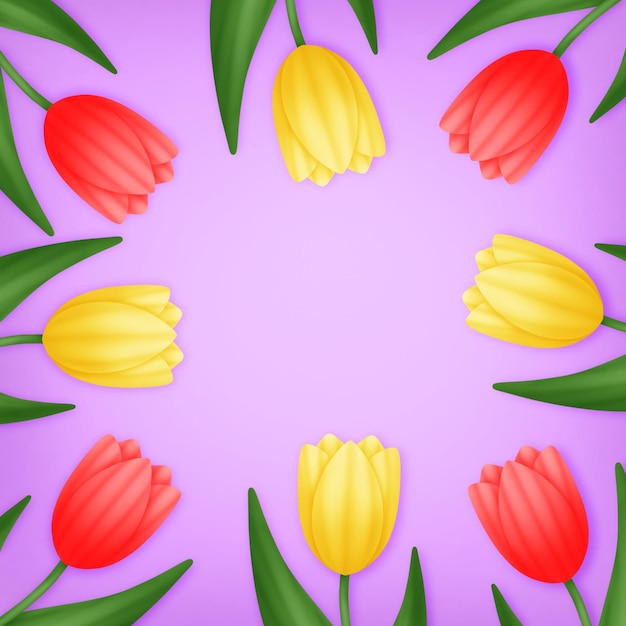 Rahmen mit bunten tulpenblumen auf lila hintergrund