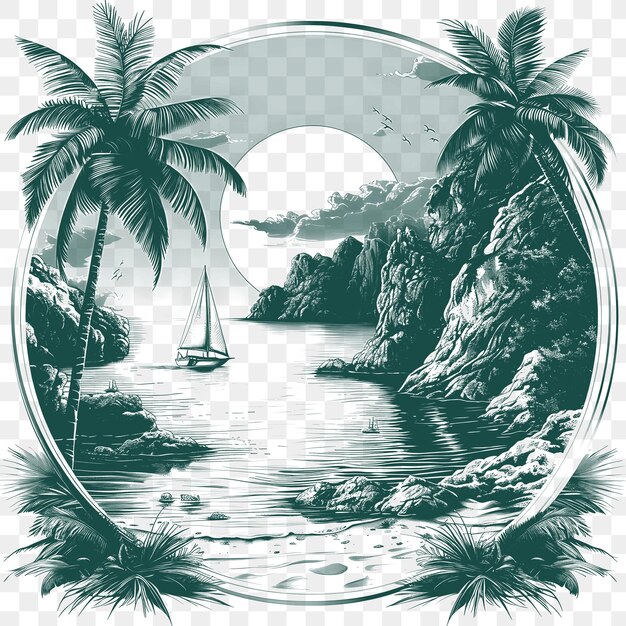 Rahmen von meereslandschaft mit einer yacht, die in der ferne fährt, ein luxuri cnc die cut outline tattoo