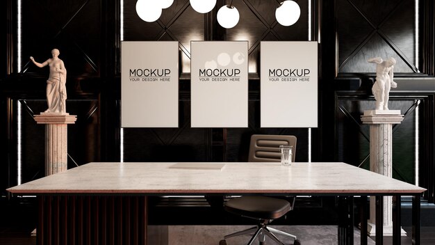 PSD rahmenmodell mit drei plakaten mit luxusbüro in 3d-darstellung