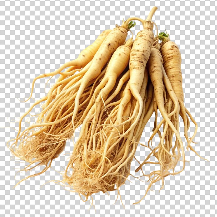PSD raíces frescas de ginseng sobre un fondo transparente