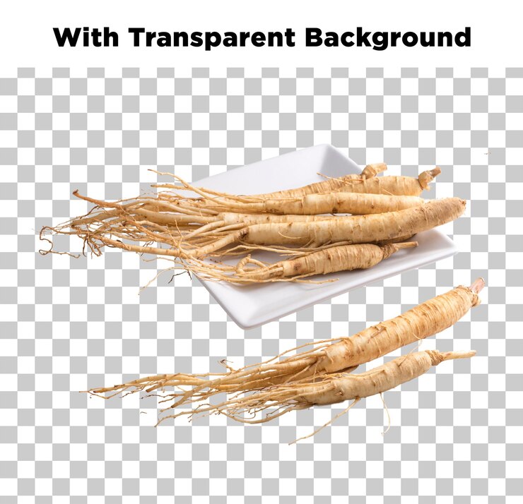 PSD raíces de ginseng en una placa blanca con fondo transparente