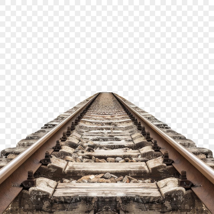 PSD railway steel tracks extending toward horizon on isolated background