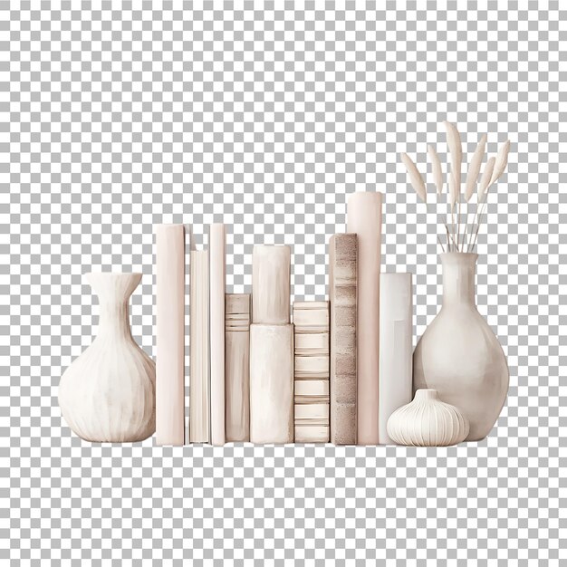 Rak buku kayu 3D realistis dengan buku dan vas pada latar belakang transparan, dibuat dengan Generator gambar AI