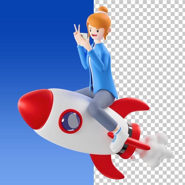 Raketenfrau, die selfie 3d-illustration macht