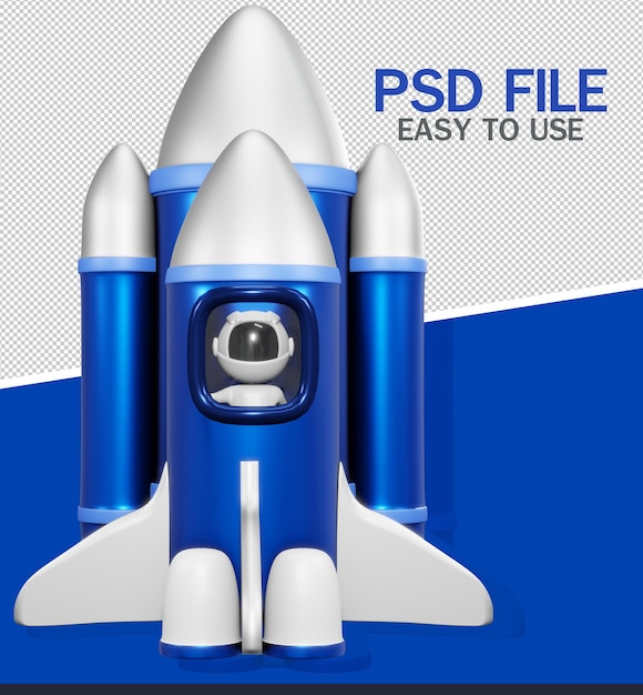 Raketenstart isoliert Astronaut und blaue realistische Rakete 3D-Rendering