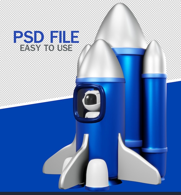 Raketenstart isoliert Astronaut und blaue realistische Rakete 3D-Rendering