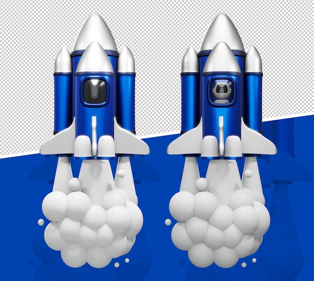 Raketenstart isoliert Astronaut und blaue realistische Rakete 3D-Rendering