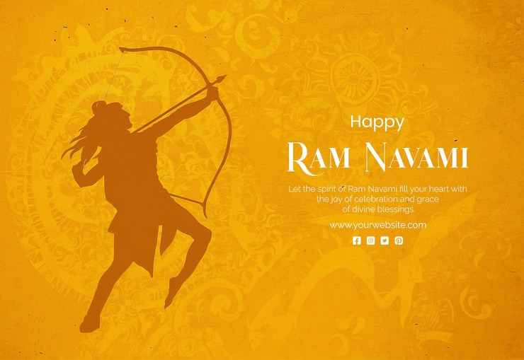 PSD ram navami concept shree ram holding a loaded style bow and arrow silhouette on yellow background