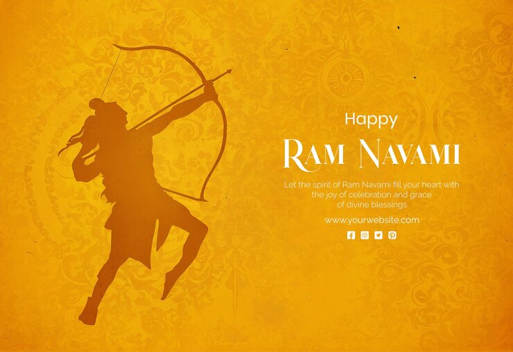 PSD ram navami concept shree ram holding a loaded style bow and arrow silhouette on yellow background
