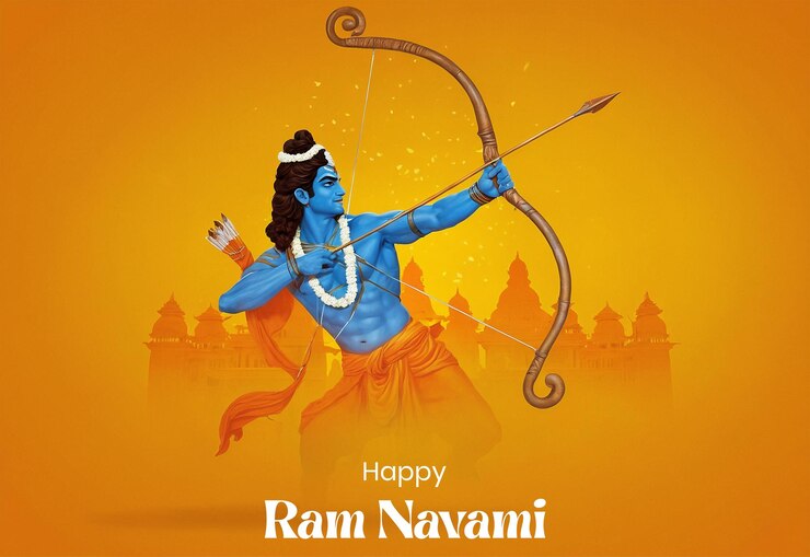 PSD ram navami mandir concept shree ram holding a loaded style bow and arrow on yellow background
